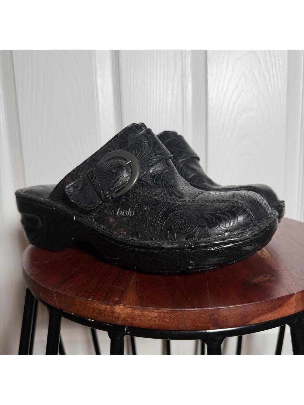 Black Embossed Floral Leather Clog Mules Buckle Strap Comfort Slip On Shoes
